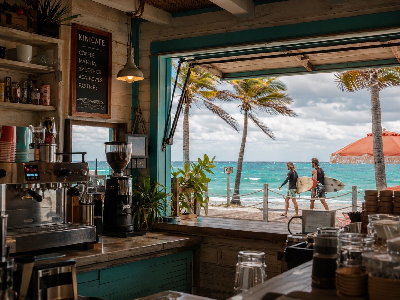 The open-air espresso bar looking out to the ocean