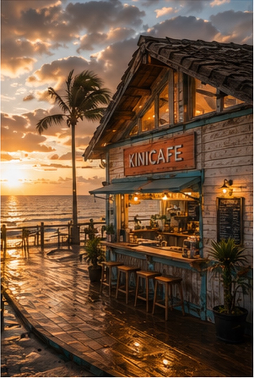 Kini Café glowing beside the ocean at sunset